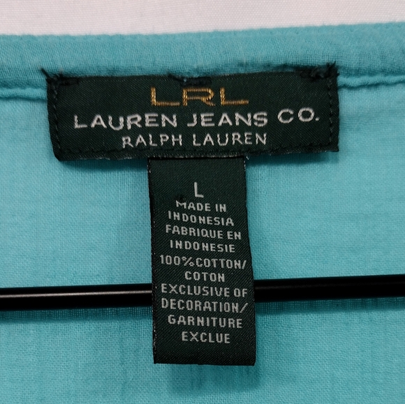 LRL Ralph Lauren Embroidered Crinkle Blouse Womens L Teal Cottagecore Peasant - Picture 7 of 7